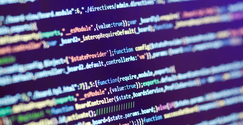 Trois structures géométriques abstraites en 3D représentant les frameworks JavaScript React, Vue et Angular, interconnectées par des flux de particules lumineuses.