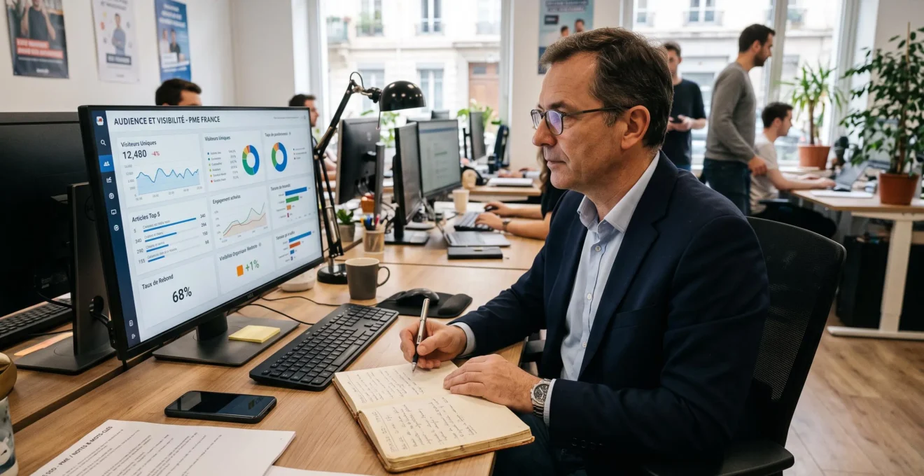 Dirigeant de PME analysant des contenus publiés et des performances SEO faibles