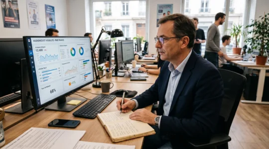 Dirigeant de PME analysant des contenus publiés et des performances SEO faibles