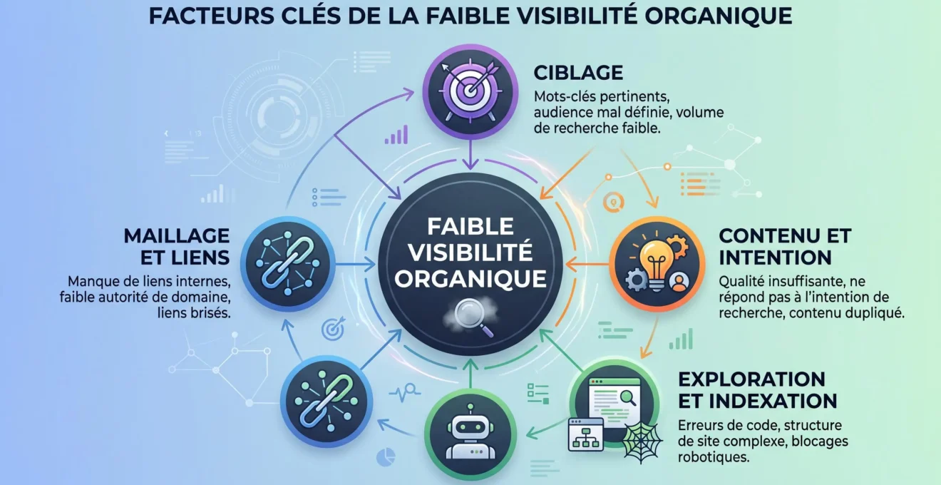 Schéma des quatre axes d’un diagnostic de faible visibilité SEO