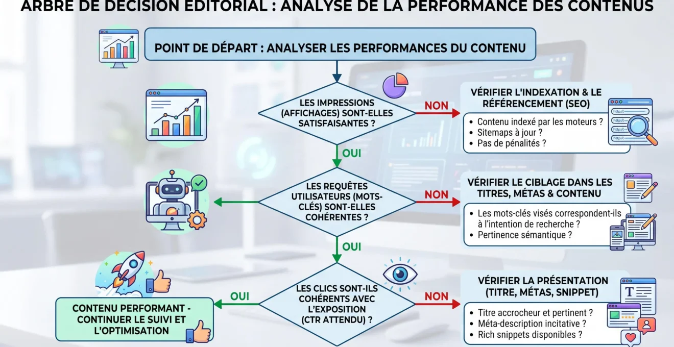 Arbre de décision pour diagnostiquer la visibilité SEO à partir des requêtes et pages